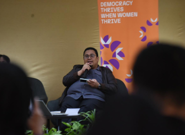 Ketua Bawaslu Rahmat Bagja saat menjadi narasumber dalam seminar publik yang digelar Westminster Foundation for Democracy (WFD), di Universitas Katolik Indonesia Atma Jaya