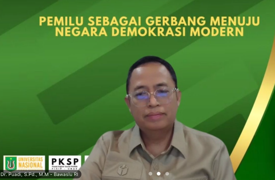 Anggota Bawaslu Puadi dalam Seminar Fisip Universitas Nasiona (Unas) secara daring, Kamis (12/2/2026).