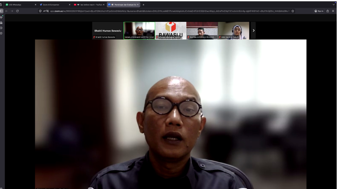 Sekretariat Jenderal Bawaslu Ferdinand Eskol Tiar Sirait saat memberikan arahan dalam Rapat Pembinaan dan Evaluasi Bawaslu/Panwaslih Provinsi dan Bawaslu/Panwaslih Kabupaten/Kota secara daring.