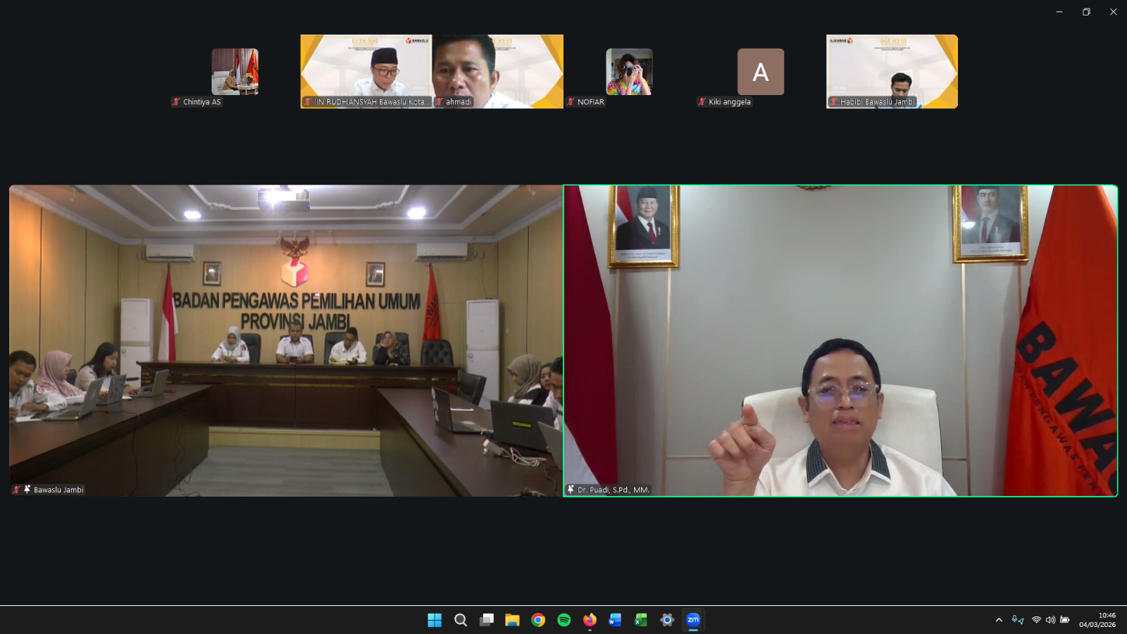 Anggota Bawaslu Puadi saat memberikan arahan dalam kegiatan Ruang Edukasi dan Diskusi (REDUKSI) bersama Bawaslu Provinsi Jambi bertema Penanganan Pelanggaran Pemilu yang Berkeadilan (Refleksi Pasal-Pasal Pidana Pemilu) yang digelar secara daring, Rabu (4/3/2026).