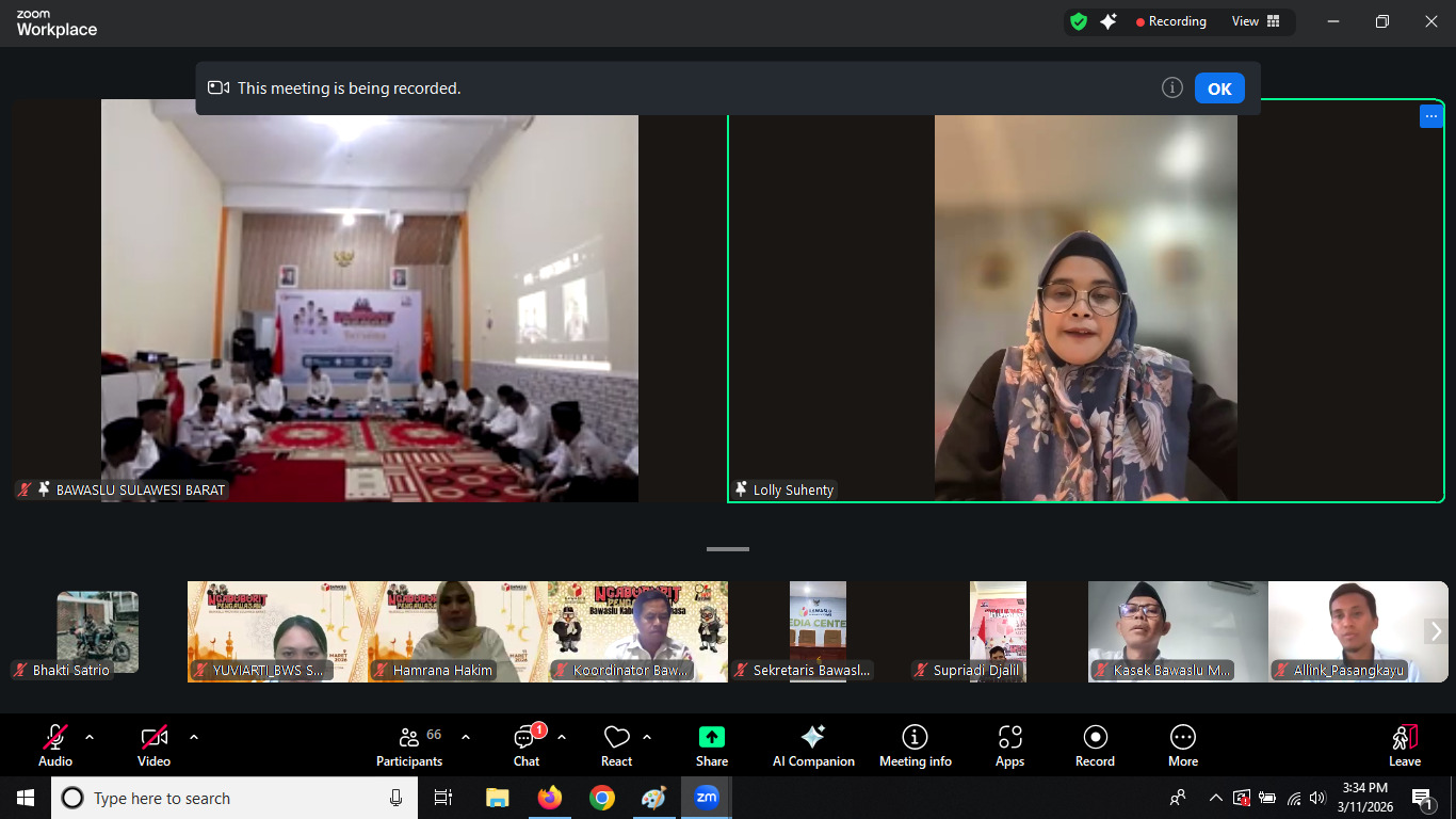 Anggota Bawaslu Lolly Suhenty saat membuka Ngabuburit Khatam Pengawasan dengan tema "Tausyiah Strategi Pencegahan dan Pengawasan Partisipatif" yang digelar Bawaslu Sulawesi Barat secara daring pada Rabu (11/3/2026).
