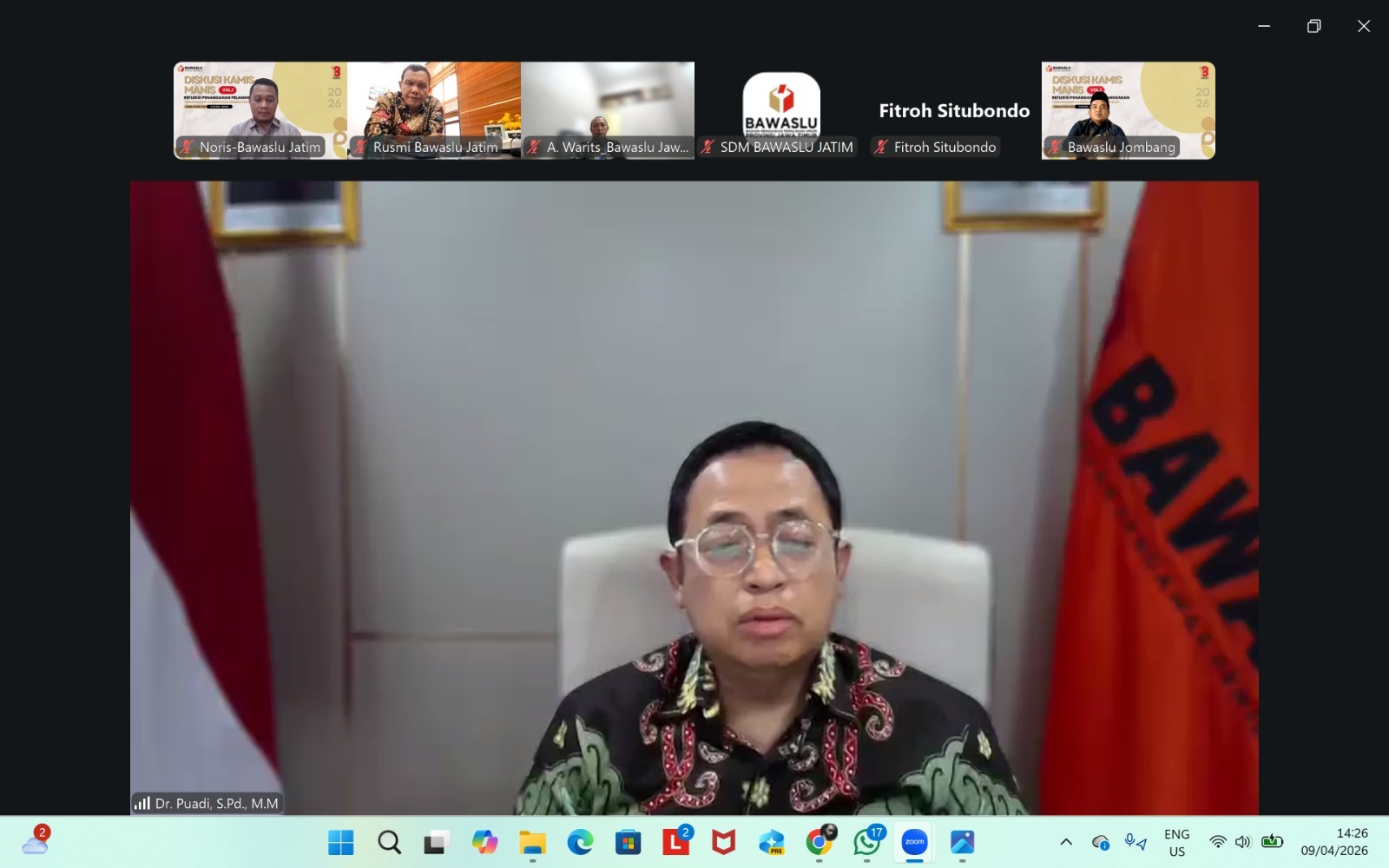 Anggota Bawaslu Puadi saat memberikan arahan dalam Diskusi Kamis Manis secara daring pada Kamis (09/04/2026).