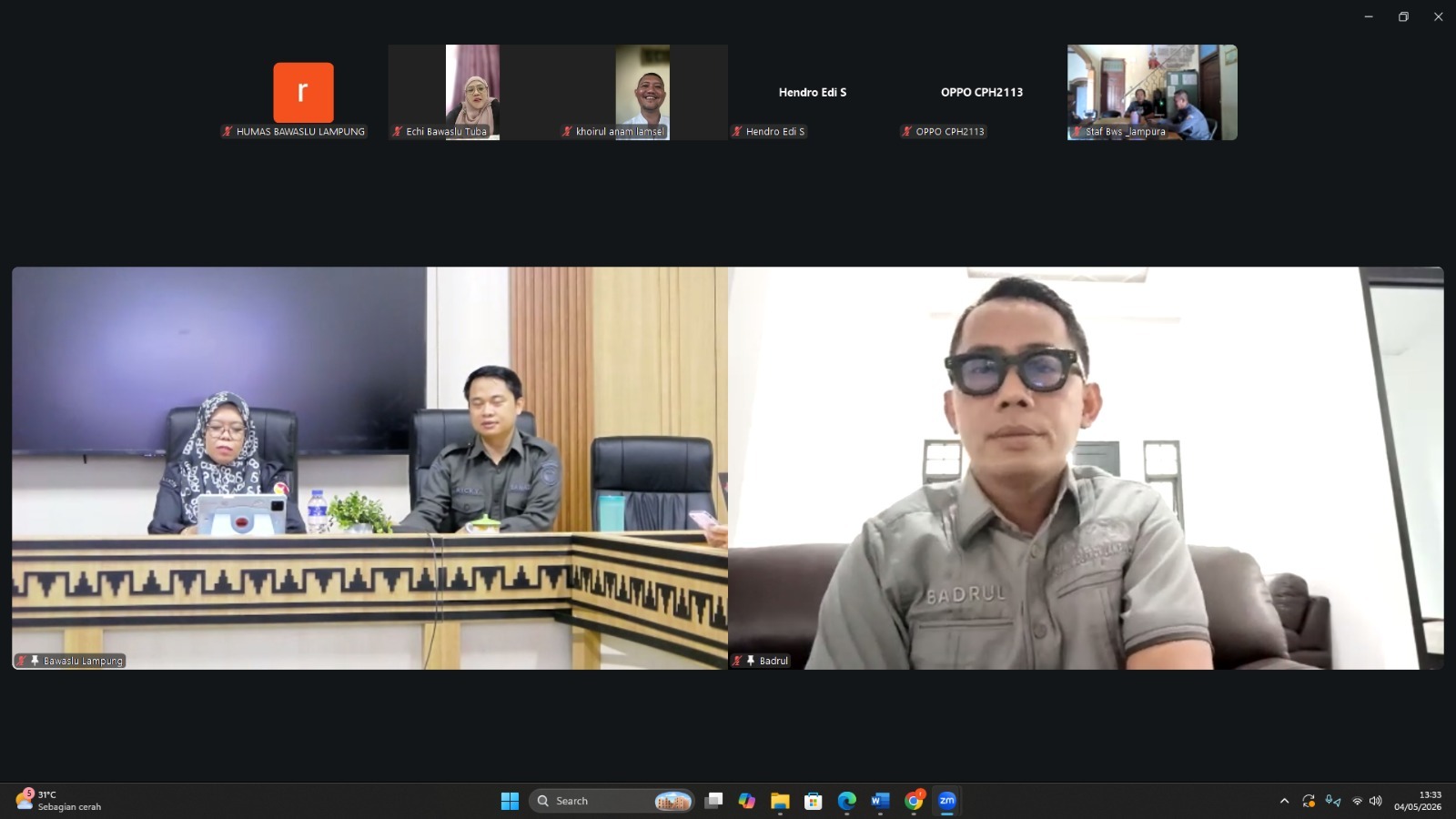 Bawaslu Provinsi Lampung menggelar Rapat Koordinasi Persiapan Pelaksanaan Pendidikan Pengawas Partisipatif (P2P) Tahun 2026 secara daring melalui Zoom Meeting pada Senin (04/05). 