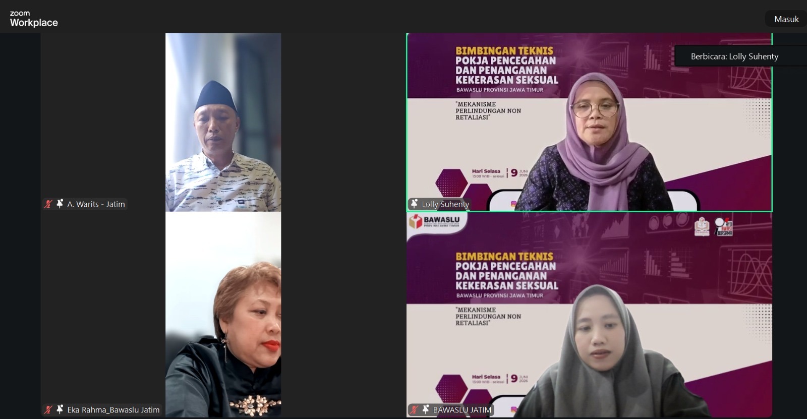 Anggota Bawaslu Lolly Suhenty saat membuka Bimbingan Teknis Pokja Pencegahan dan Penanganan Kekerasan Seksual, Mekanisme Perlindungan Non-Retaliasi oleh Bawaslu Provinsi Jawa Timur secara daring, Selasa (9/6/2026).