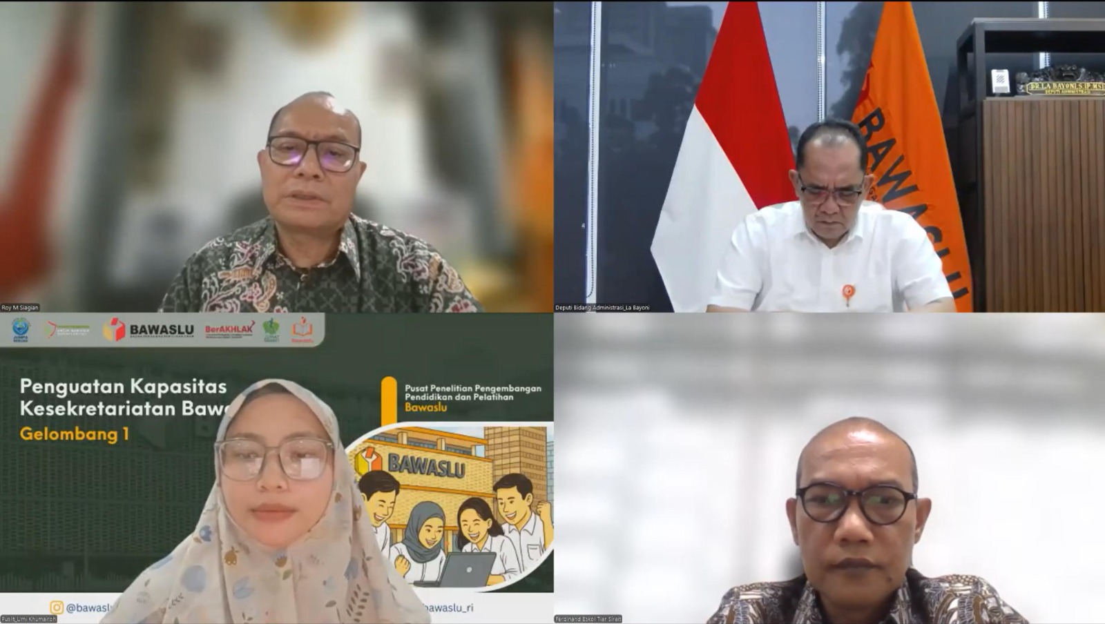 Tangkapan layar kegiatan Penguatan Kapasitas Kesekretariatan Bawaslu Tahun 2026 Gelombang I secara daring, Kamis (18/6/2026).