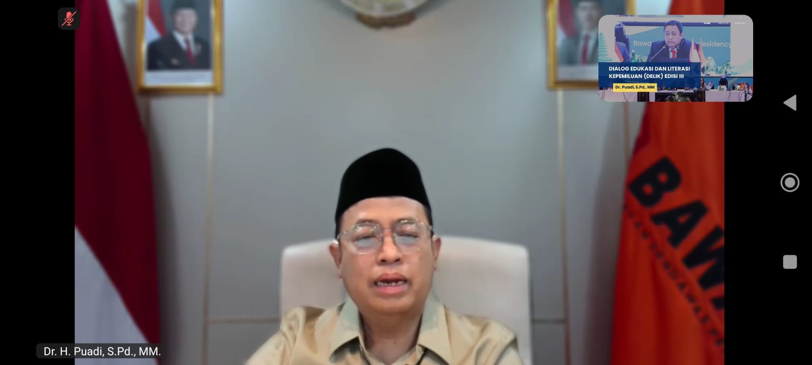 Anggota Bawaslu Puadi saat membuka Dialog Edukasi dan Literasi Kepemiluan (DeLiK) Edisi III yang digelar Bawaslu Provinsi Sulawesi Tenggara secara daring, Selasa (23/6/2026)