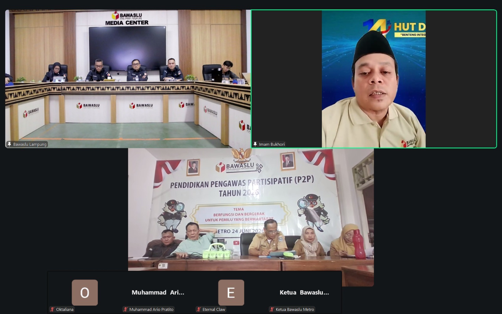 Bawaslu Provinsi Lampung menggelar rapat pembinaan sekaligus penyampaian laporan asistensi hasil dan progres reviu Laporan Pertanggungjawaban (LPJ) Dana Hibah Bawaslu Kota Metro secara daring melalui Zoom Meeting pada Senin (22/06).