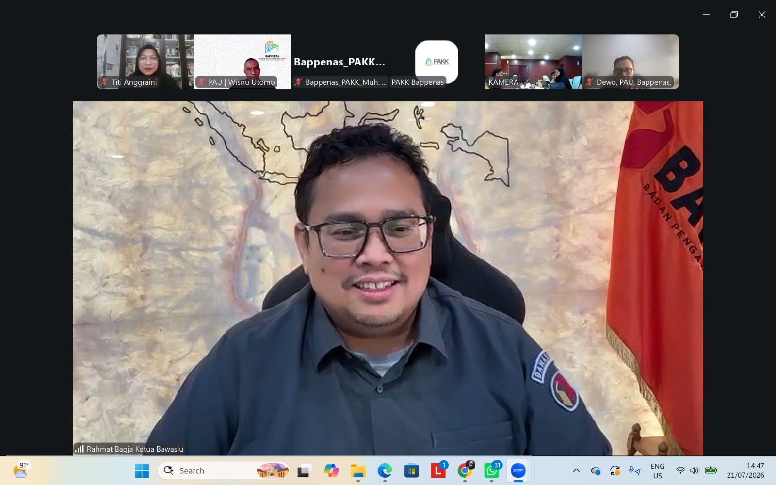 Ketua Bawaslu Rahmat Bagja dalam Diskusi Penguatan Tata Kelola Pemilu dan Transformasi Digital dalam Menghadapi Ancaman Disinformasi di Era Artificial Intelligence (AI) Menjelang Pemilu 2029 secara daring, di Jakarta, Selasa (21/7/2026).