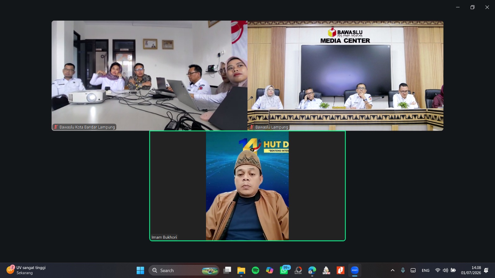 Badan Pengawas Pemilihan Umum (Bawaslu) Provinsi Lampung menggelar Rapat Laporan Penyampaian Asistensi Hasil dan Progres Reviu Laporan Pertanggungjawaban (LPJ) Dana Hibah Bawaslu Kota Bandar Lampung secara daring melalui aplikasi Zoom Meeting, Rabu (1/7). 