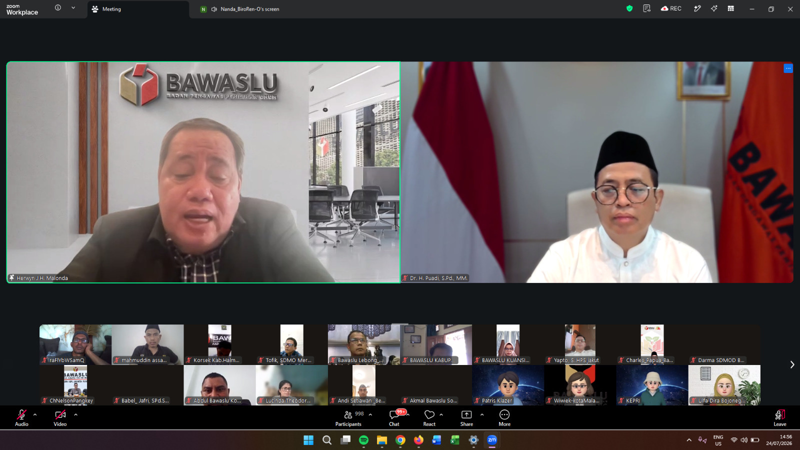 Acara Sosialisasi Teknis Penyusunan Indikator Kinerja Utama Pengawas Pemilu via daring dihadiri pimpinan Bawaslu RI, Jumat (24/7/2026).
