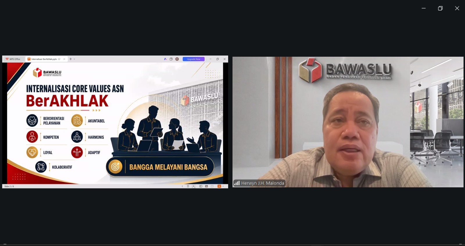 Anggota Bawaslu JH Malonda membuka acara Internalisasi Core Values ASN BerAkhlak kepada pegawai pemerintah dengan perjanjian kerja (PPPK) Bawaslu Provinsi Sulawesi Utara, Kamis (29/7/2026). Foto: Pemberitaan dan Publikasi Bawaslu RI