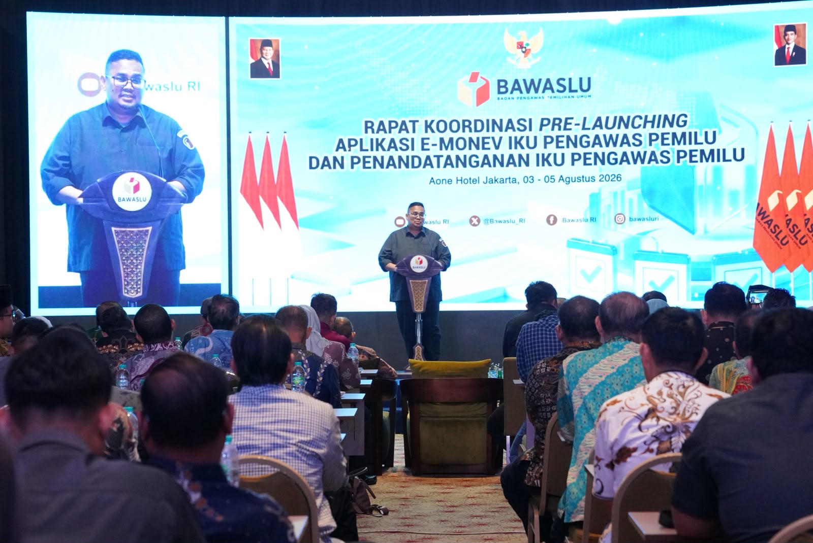 Ketua Bawaslu Rahmat Bagja dalam Rapat Koordinasi Pre-launching Aplikasi E-Monev IKU Pengawas Pemilu di Jakarta, Senin (3/8/2026) malam.