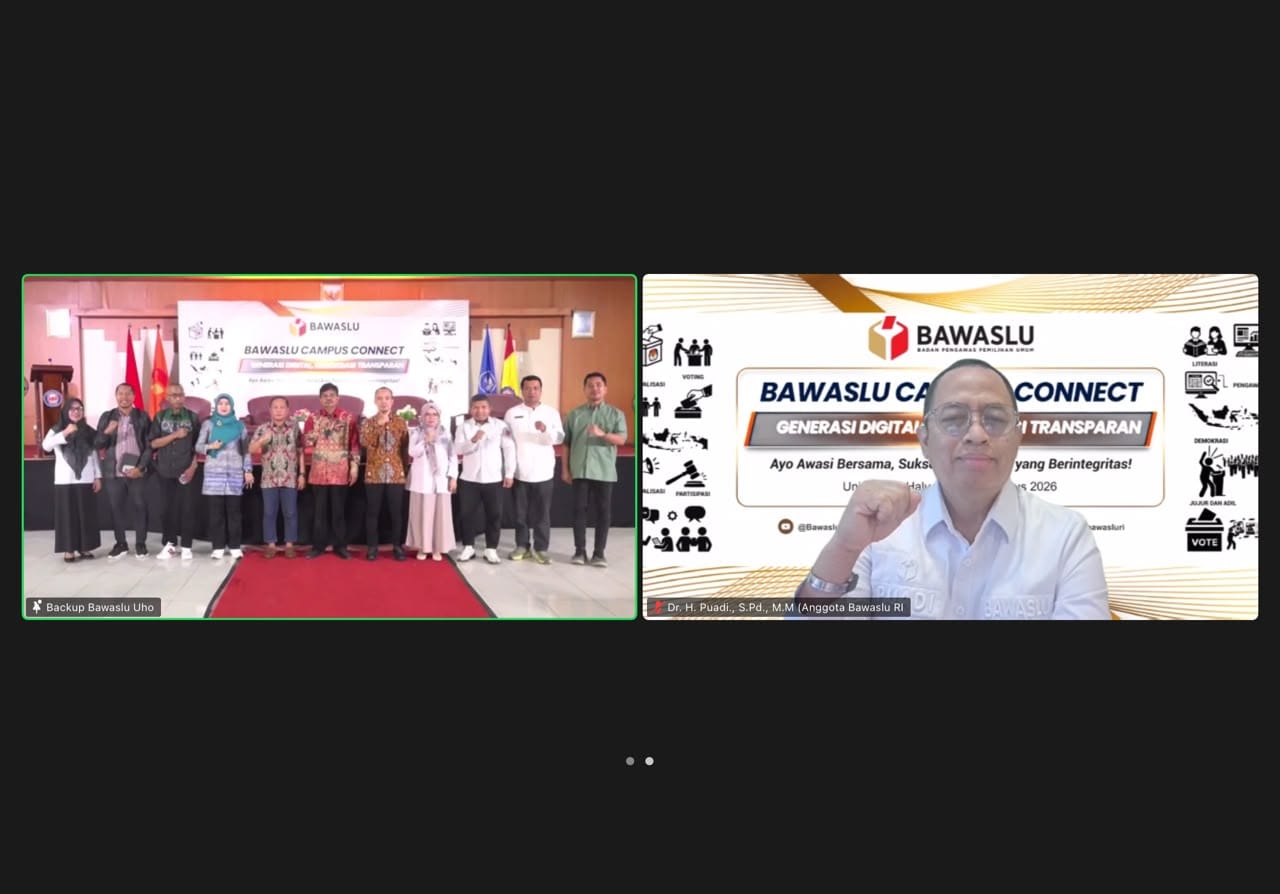 Anggota Bawaslu, Puadi, saat membuka kegiatan Bawaslu Campus Connect bertajuk "Generasi Digital, Demokrasi Transparan" di Universitas Halu Oleo (UHO), Kendari, Sulawesi Tenggara, Rabu (19/8/2026).
