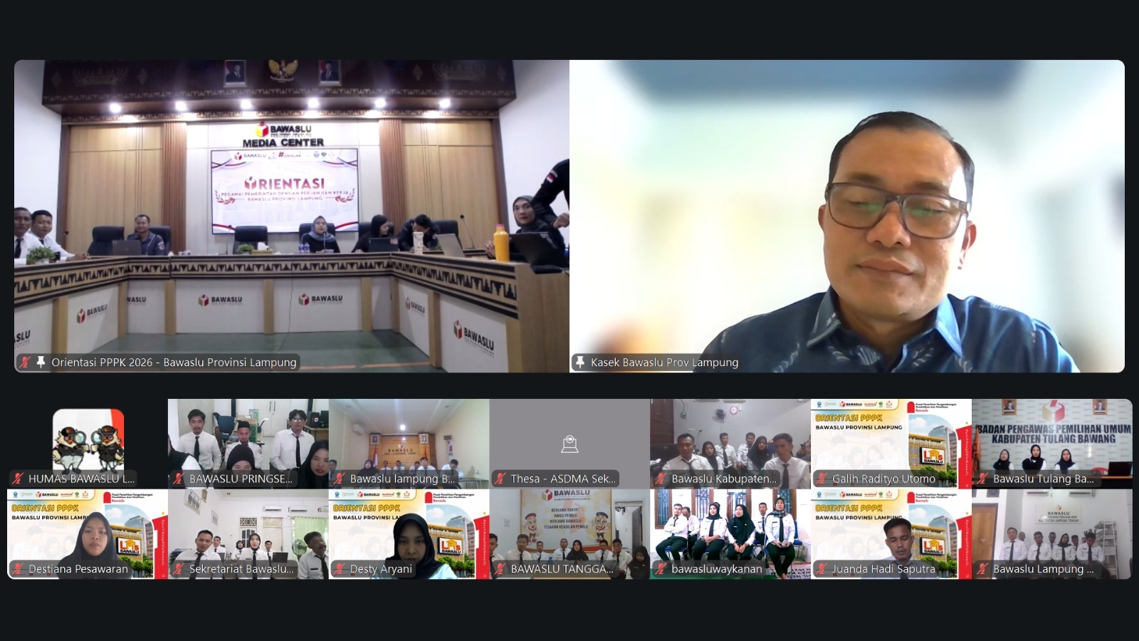 Bawaslu Provinsi Lampung resmi membuka kegiatan Orientasi Pegawai Pemerintah dengan Perjanjian Kerja (PPPK) Bawaslu se-Provinsi Lampung Tahun 2026 yang dilaksanakan secara daring melalui Zoom Meeting pada Selasa (28/07).