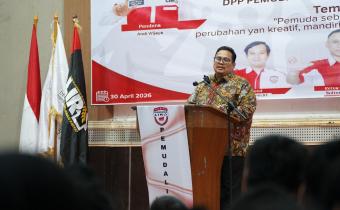 Ketua Bawaslu Rahmat Bagja saat memberikan sambutan pada acara pelantikan Dewan Pimpinan Pusat (DPP) Pemuda Lumbung Informasi Rakyat (LIRA) di Jakarta, Kamis (30/04/2026).