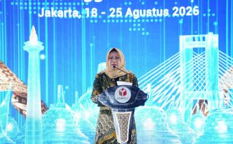 Deputi Bidang Dukungan Teknis Bawaslu Yusti Erlina di kegiatan Kompetisi Debat Penegakan Hukum Pemilu VI Tahapan Regional di Jakarta, Rabu (19/8/2026).