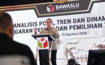 Anggota Bawaslu Puadi dalam kegiatan Analisis Pola, Tren, dan Dinamika Pelanggaran Pemilu dan Pemilihan Tahun 2024 di Jakarta, Kamis (13/8/2026).